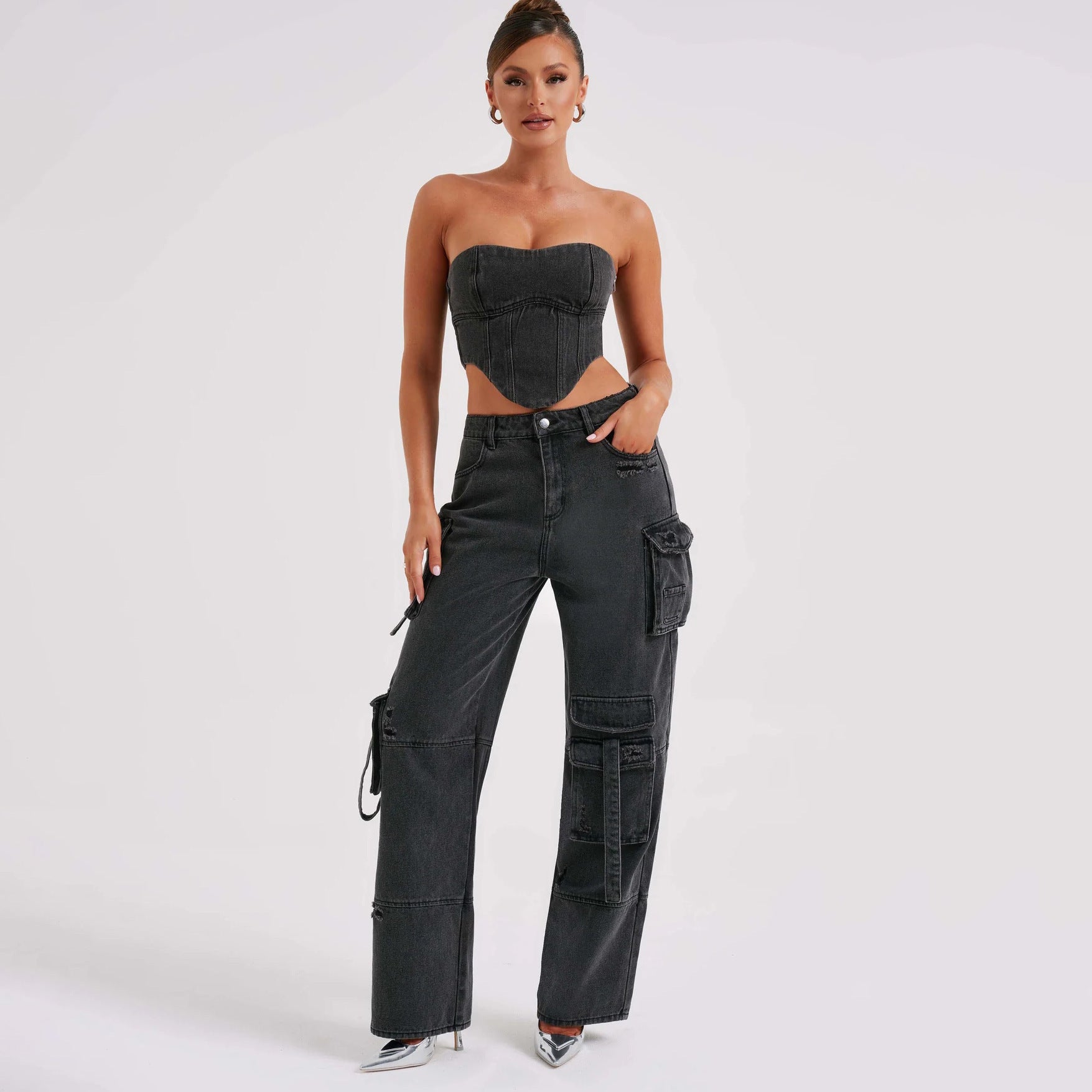 Set 2-Piese Denim – Top Backless Sexy și Pantaloni Drepț
