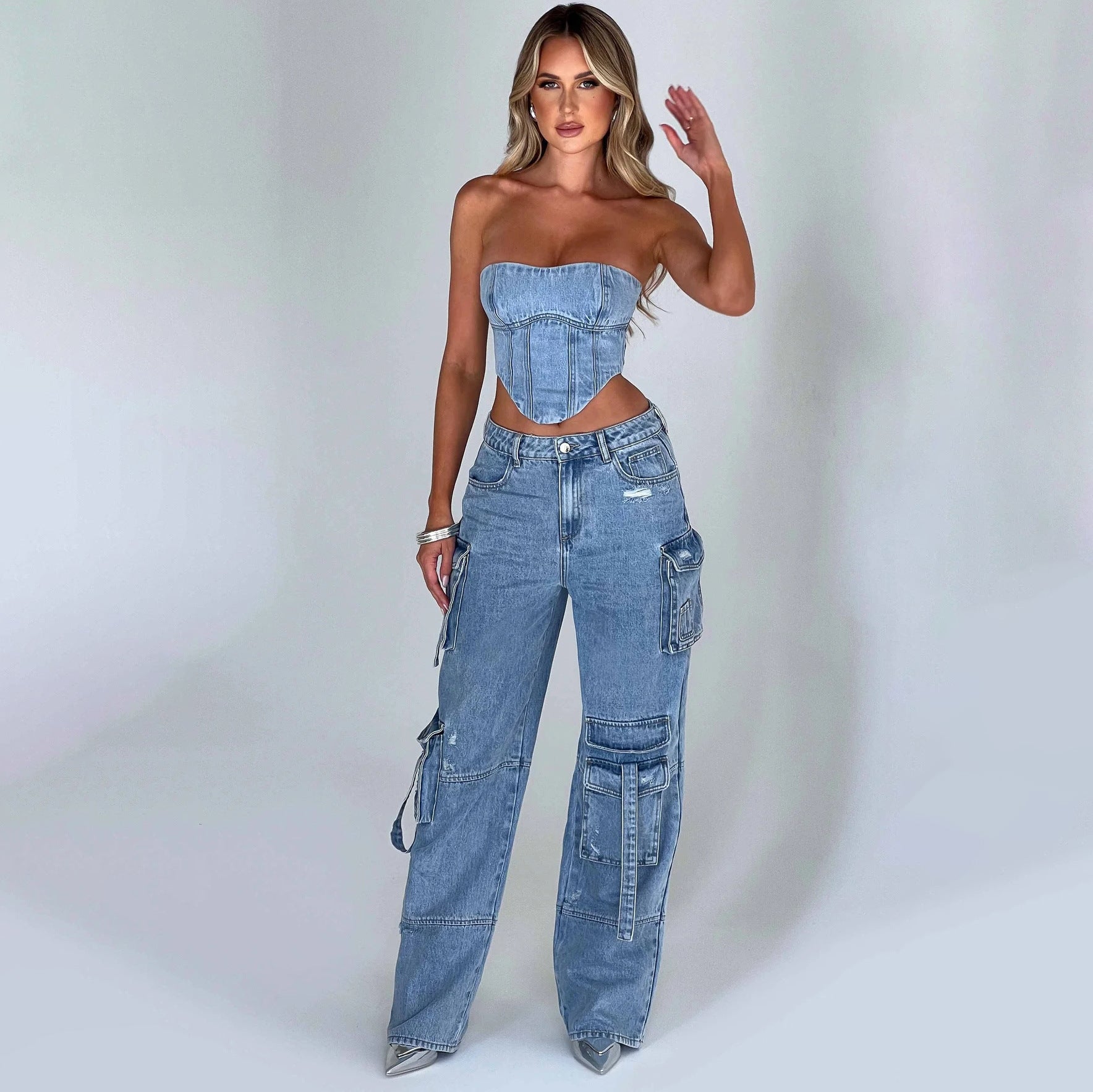 Set 2-Piese Denim – Top Backless Sexy și Pantaloni Drepț